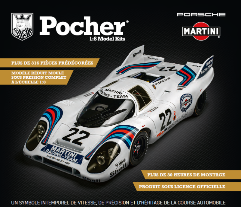 Acheter la maquette 1/8 Porsche 917K Martini Pocher en précommande avec carrosserie métal et détails réalistes